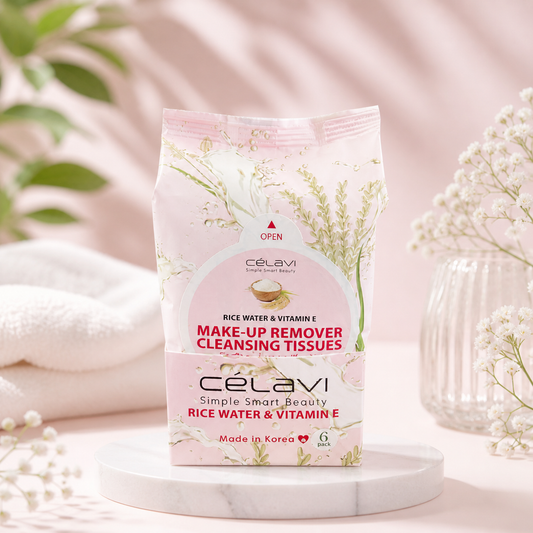 6PCS DISPLAY CELAVI RICE WATER & VITAMIN E MAKE UP REMOVER CLEANSING TISSUES MT029
