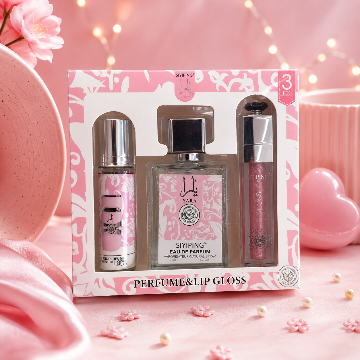 3PCS DISPLAY PINK PERFUME & LIP GLOSS SET SYP-ST92