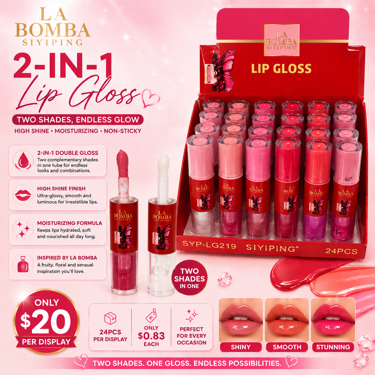 24PCS DISPLAY  LA B BUTTERFLY LIPGLOSS + MATTE STICK  DUO SYP-LG219