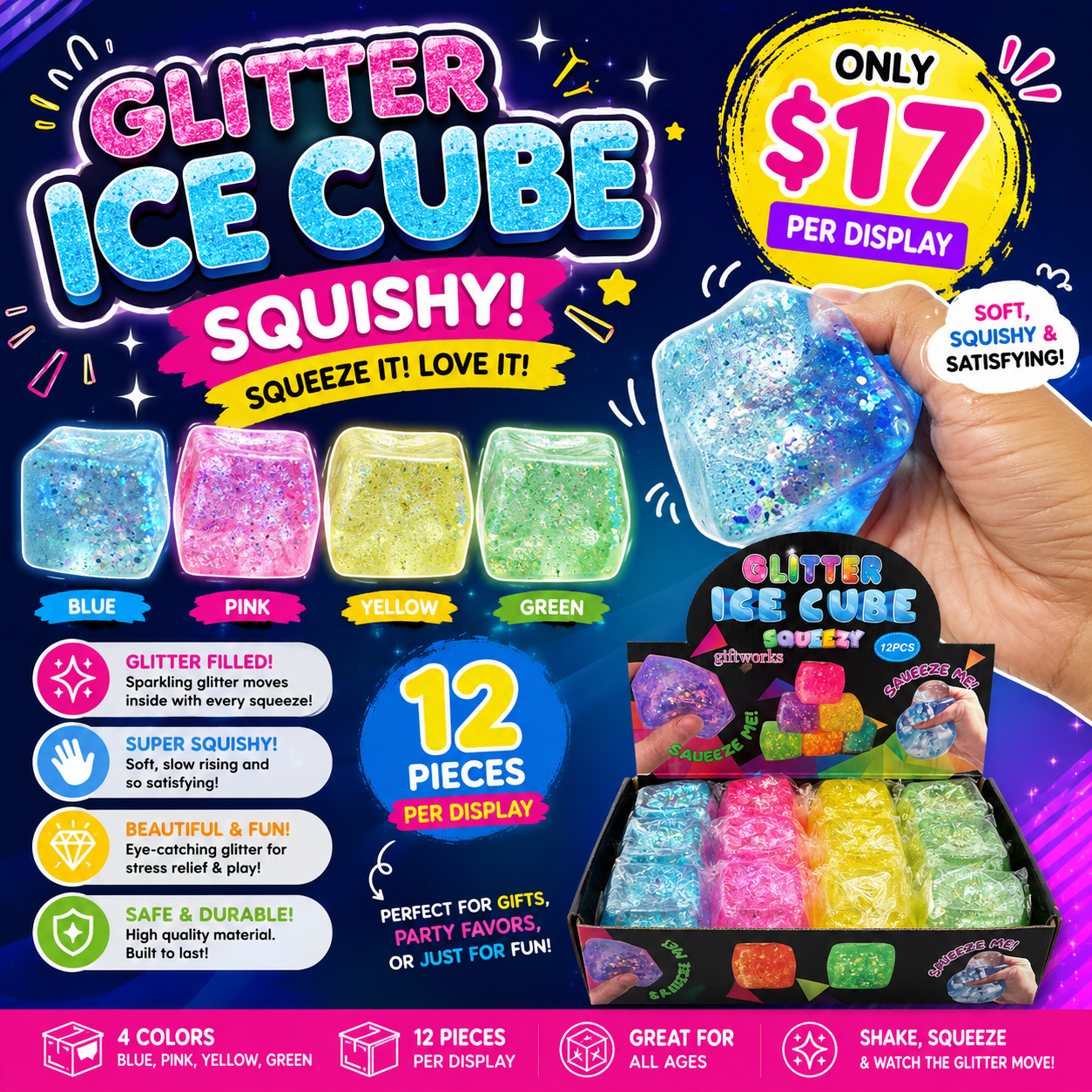 12PCS DISPLAY COLORED CUBE WITH GLITTER SQUSHY