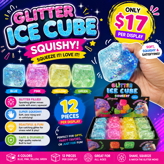 12PCS DISPLAY COLORED CUBE WITH GLITTER SQUSHY