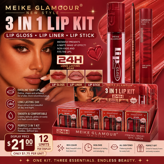 12PCS DISPLAY MEIKE GLAMOUR 3 IN 1 KIT LIP GLOSS LIP LINER LIP STICK MK541