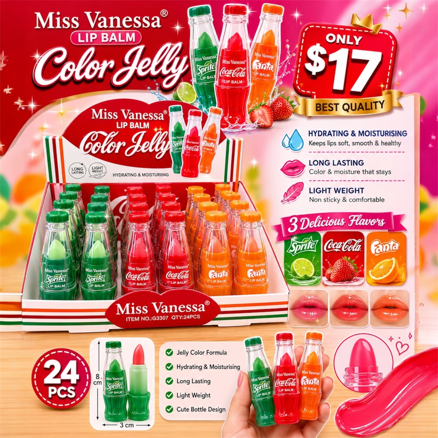 24PCS DISPLAY MISS VANESSA SODA LIP BALMS G3307