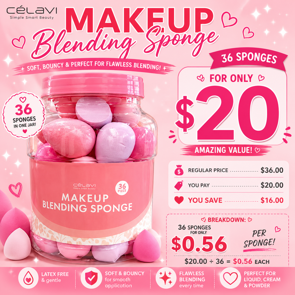 36PCS JAR CELAVI PINKY TONES MAKEUP BLENDING SPONGES SP120