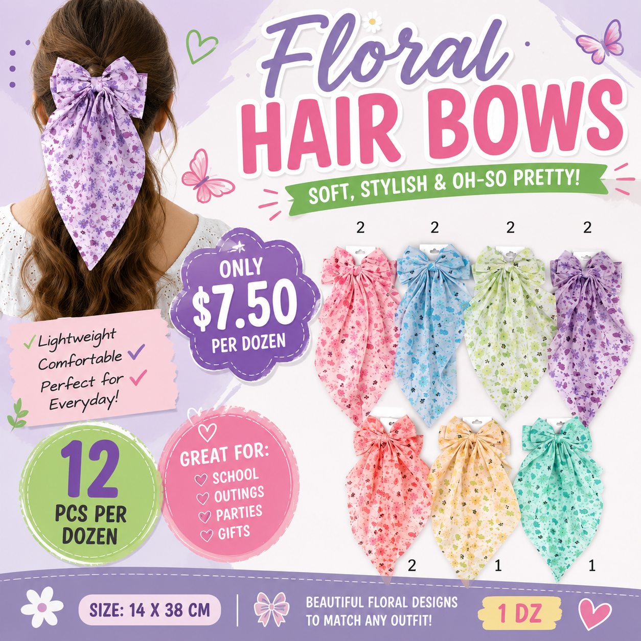 12PCS PACK PASTEL FLORAL JUMBO HAIR BOWS YBR-1927