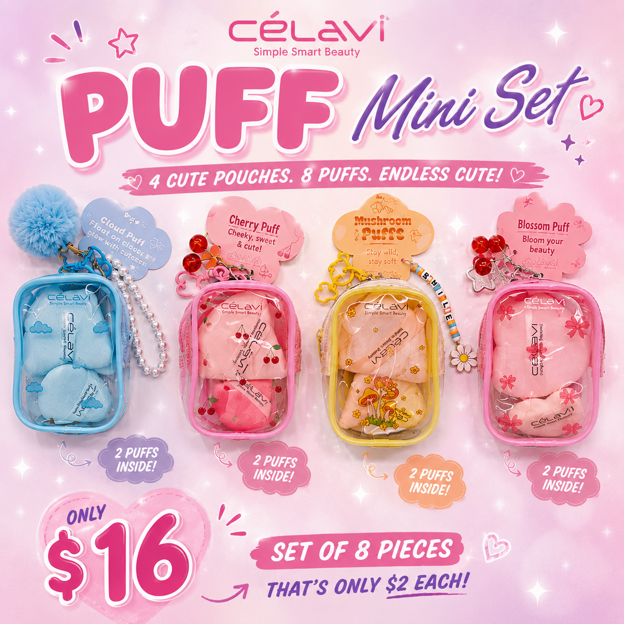 8PCS BUNDLE CELAVI MAKE UP  PUFFS WITH MINI BAG