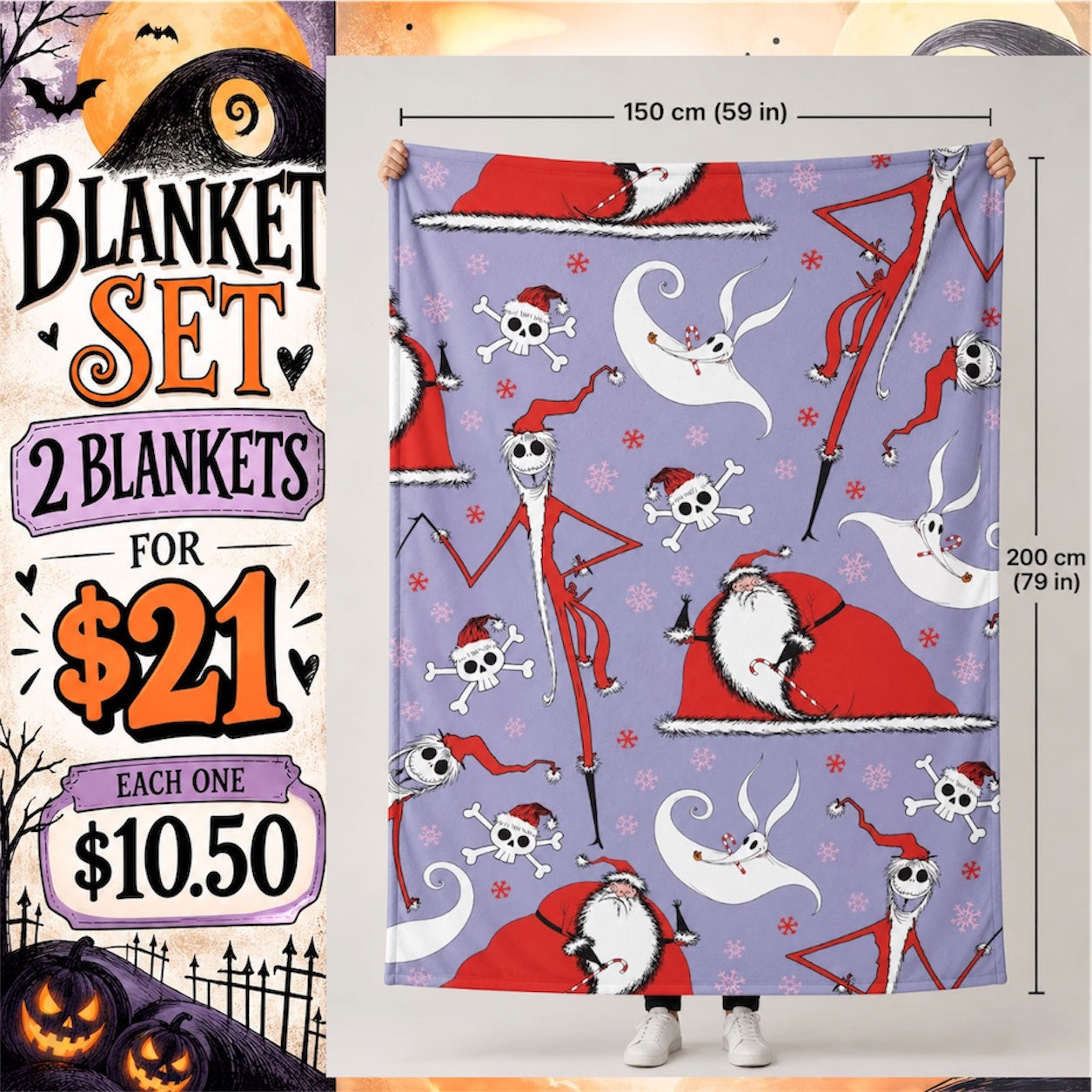 2PCS PURPLE NIGHTMARE BEFORE CHRISTMAS  BLANKET D-10
