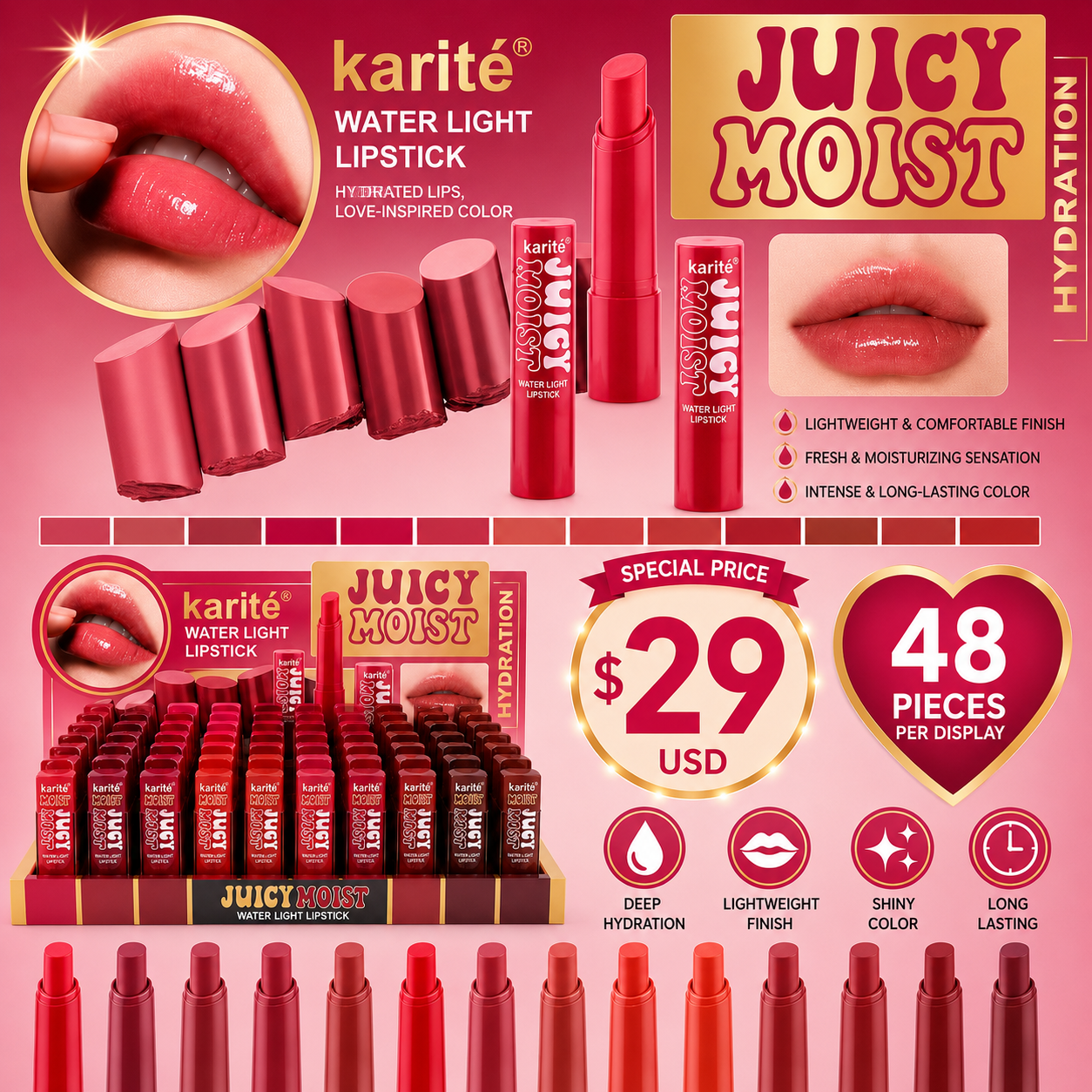 48PCS DISPLAY KARITE WATER LIGHT LIPSTICK JUICY MOIST 29103-47B