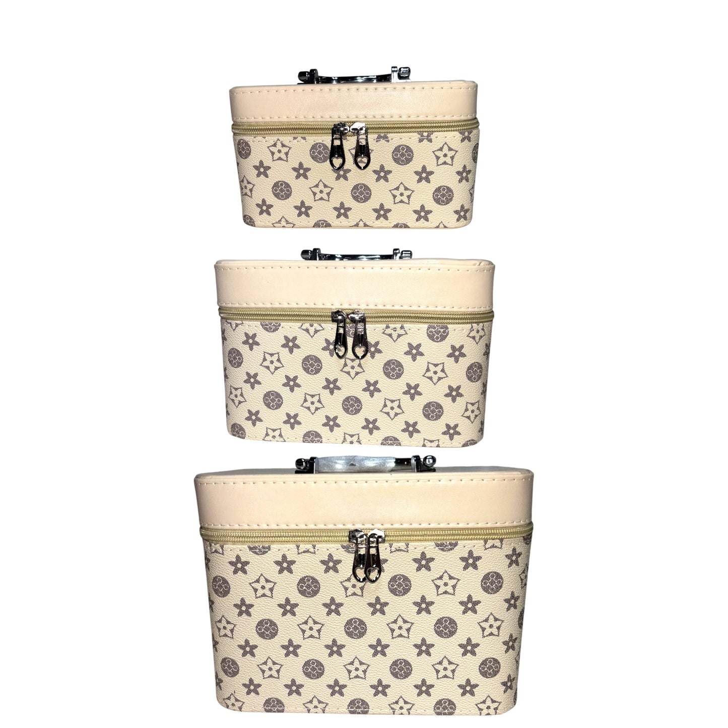 BEIGE STARS AND CIRCLES 3PCS CARRY ON MAKEUP BOX