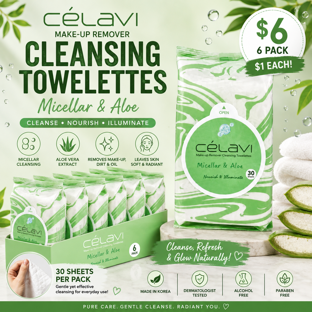 6PCS DISPLAY CELAVI MICELLAR & ALOE MAKE-UP REMOVER CLEANSING TOWELETTES MT028