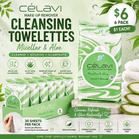 6PCS DISPLAY CELAVI MICELLAR & ALOE MAKE-UP REMOVER CLEANSING TOWELETTES MT028