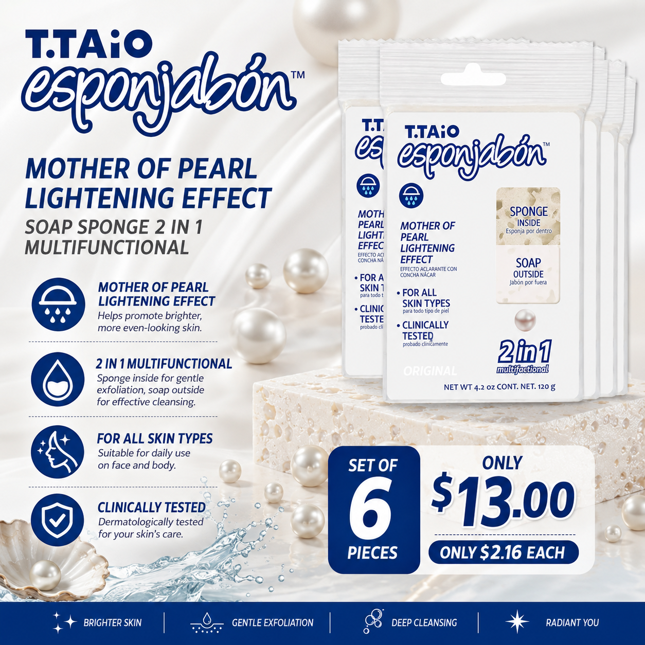 6PCS T TAIO ESPONJABON EFECTO ACLARANTE CON CONCHA  NÁCAR