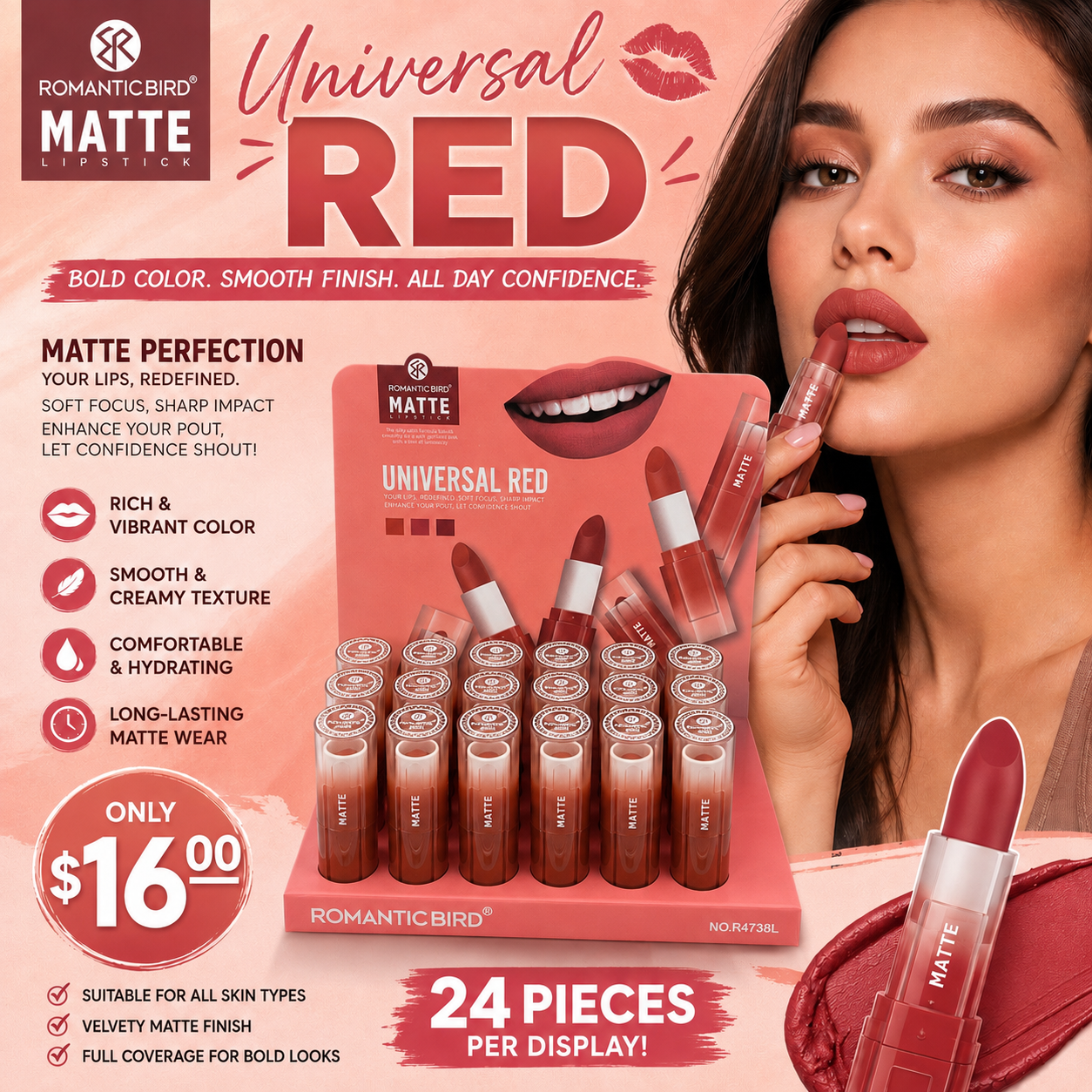 24PCS DISPLAY ROMANTIC BIRD MATTE LIPSTICK UNIVERSAL RED R4738