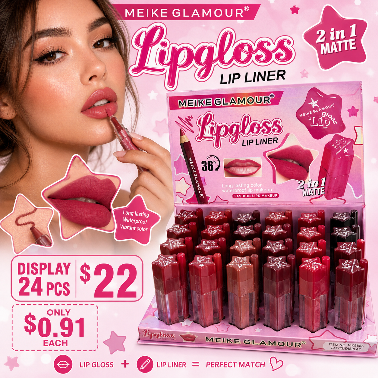 24PCS DISPLAY MIEKE GLAMOUR LIPGLOSS + LIPLINER MK588
