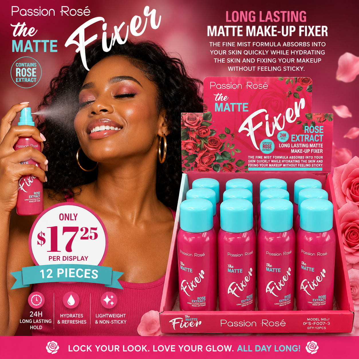 12PCS DISPLAY PASSION ROSE MAKE UP FIXER WITH ROSE EXTRACT F-007-3