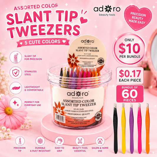 60PCS ADORO ASSORTED COLOR SLANT TIP TWEEZER JAR 001-1095