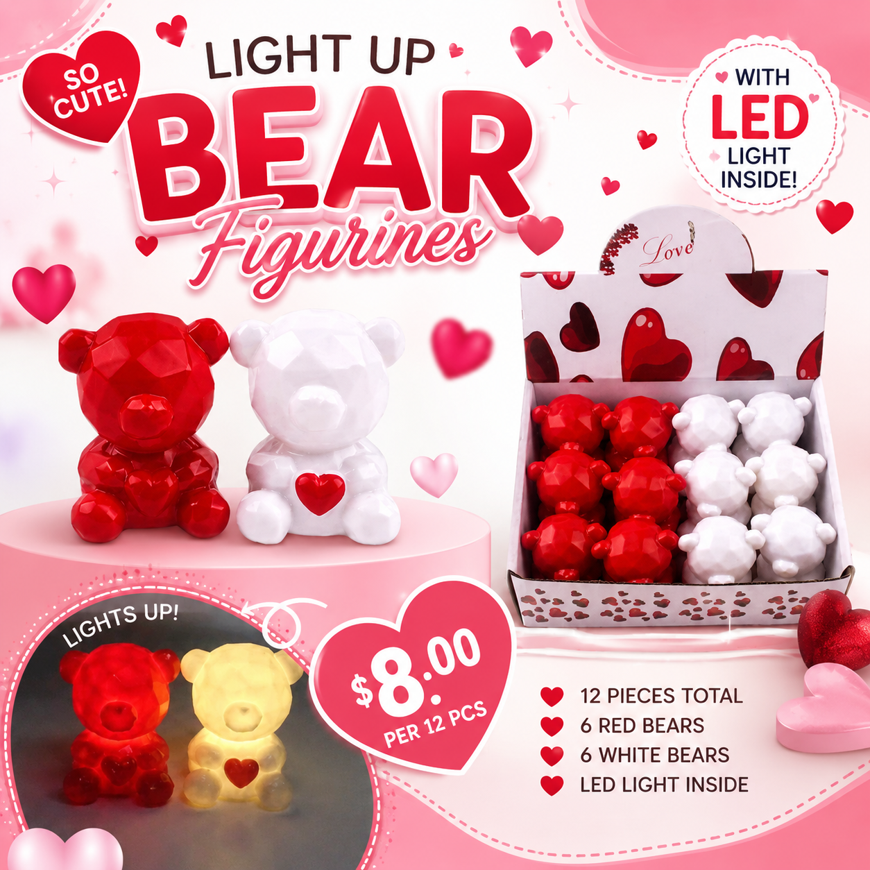 12PCS BOX LIGHT UP VALENTINE DAY BEARS ANV-0483