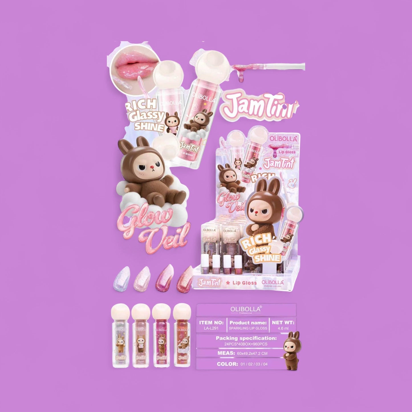 24PCS DISPLAY OLIBOLLA CUTE MONSTER JAM TINT LIP GLOSS LA-L299