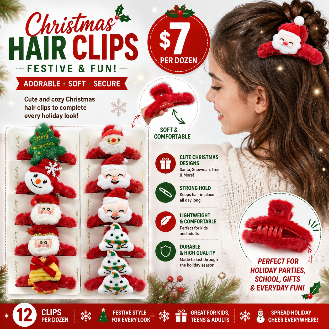 12PCS PACK CHRISTMAS FUZZY HAIR CLIPS FCH5