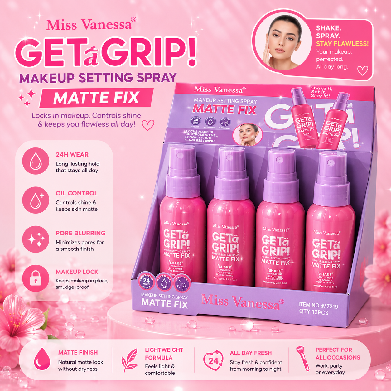 12PC DISPLAY MISS VANESSA MATTE FIX SETTING SPRAY M7219-1