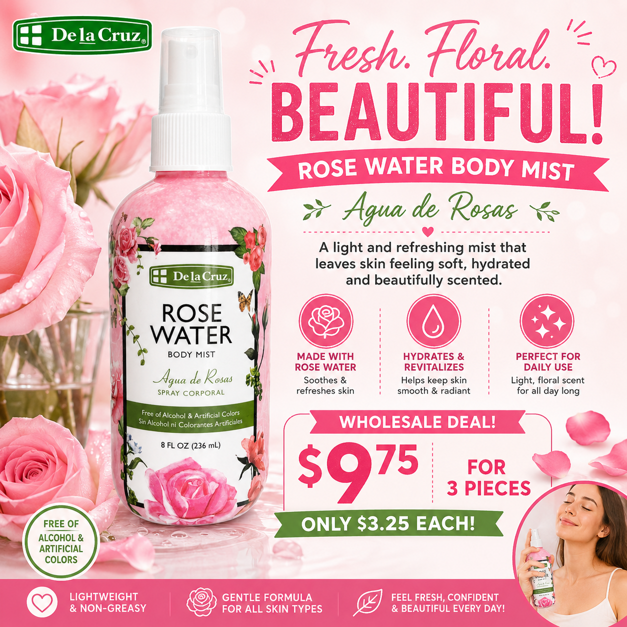 3PCS DE LA CRUZ ROSE WATER 5552