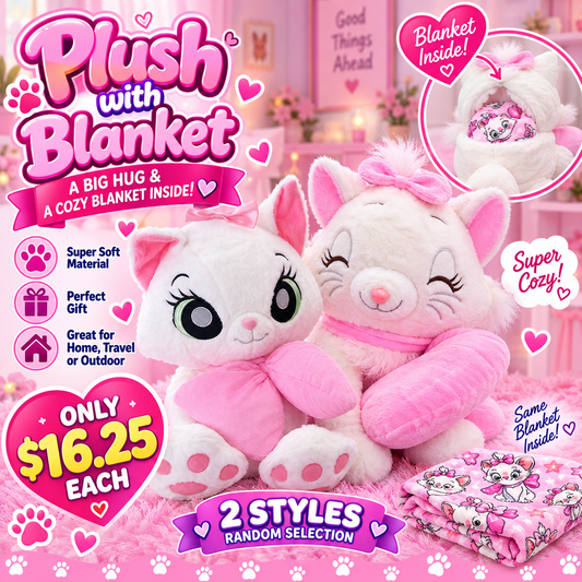1PCS MAGICAL WHITE &PINK CAT PLUSH  + BLANKET P3