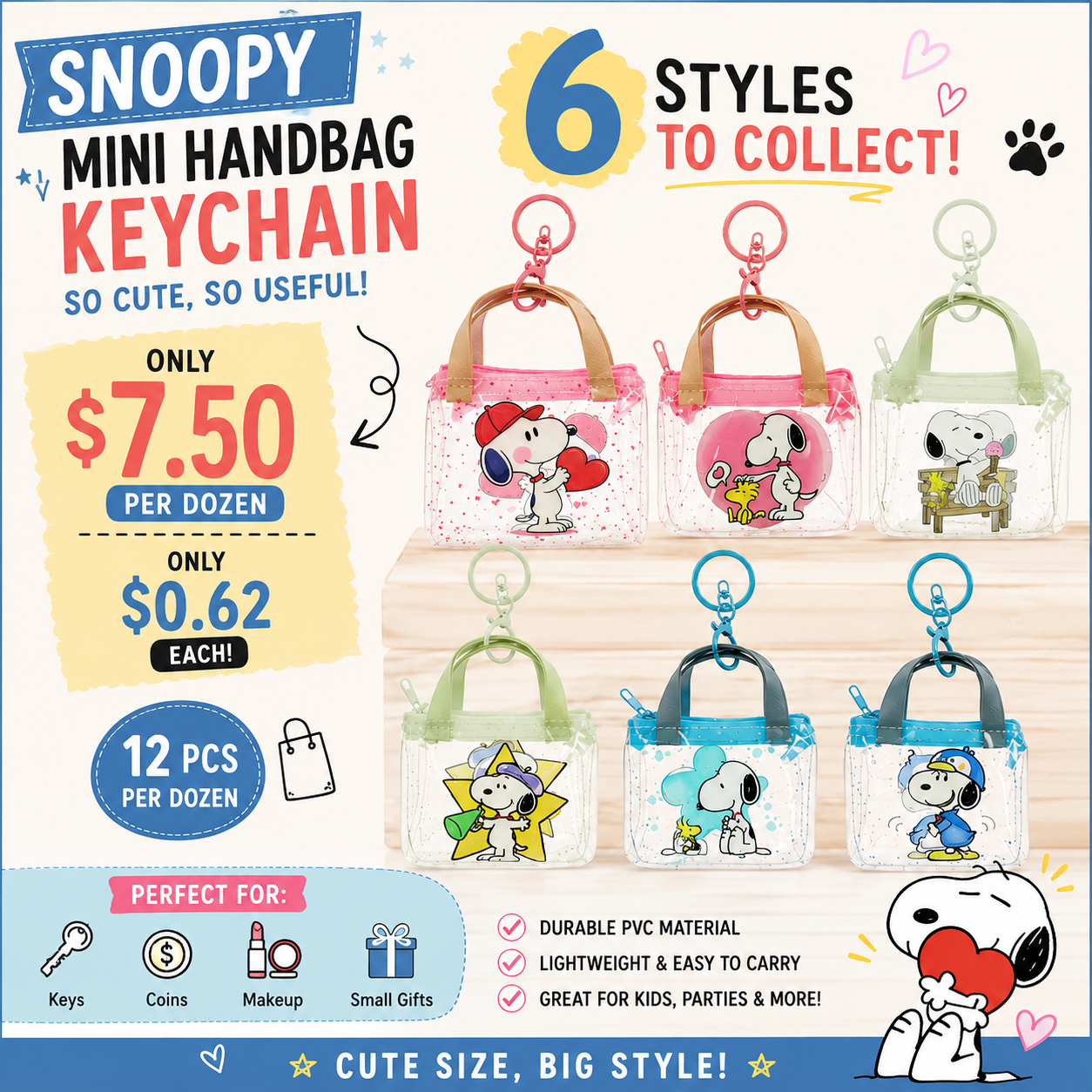 12PCS PACK MINI BAGS WITH KEYCHAIN CUTE WHITE DOGGY BA2644