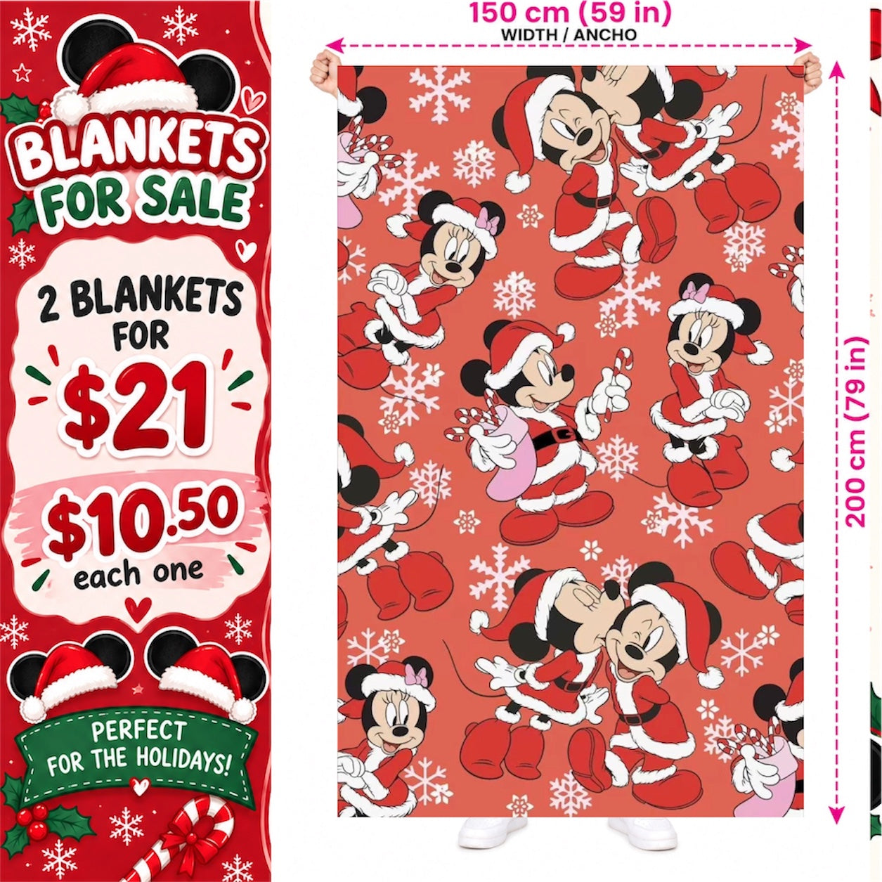 2PCS RED CHRISTMAS MOUSE COUPLE BLANKET D-8