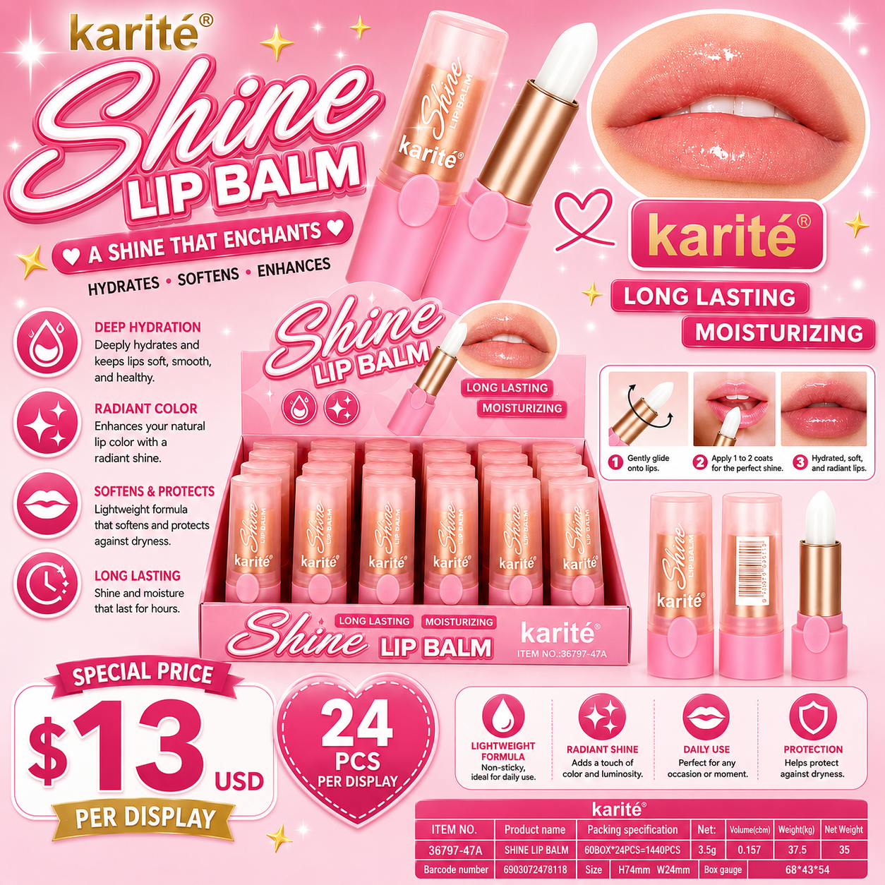 24PCS DISPLAY KARITE SUPER MOISTURIZER SHINE LIP BALM 36797-47A