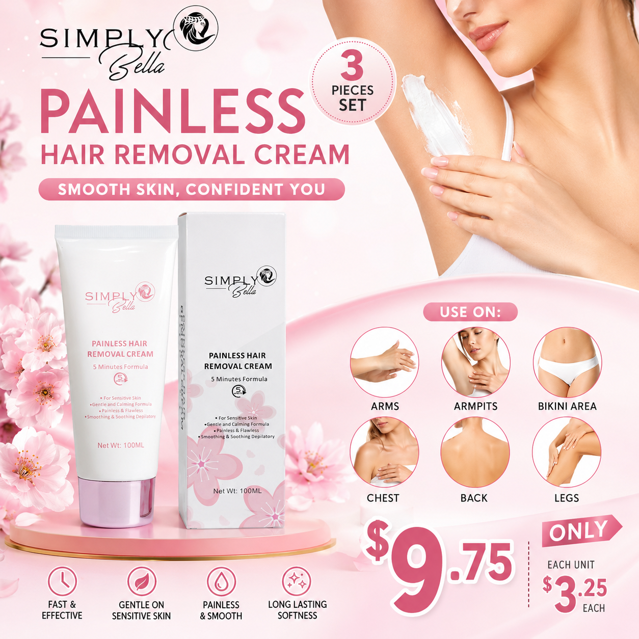 3PCS SIMPLY BELLA PAINLESS HAIR REMOVAL CREAM 5356