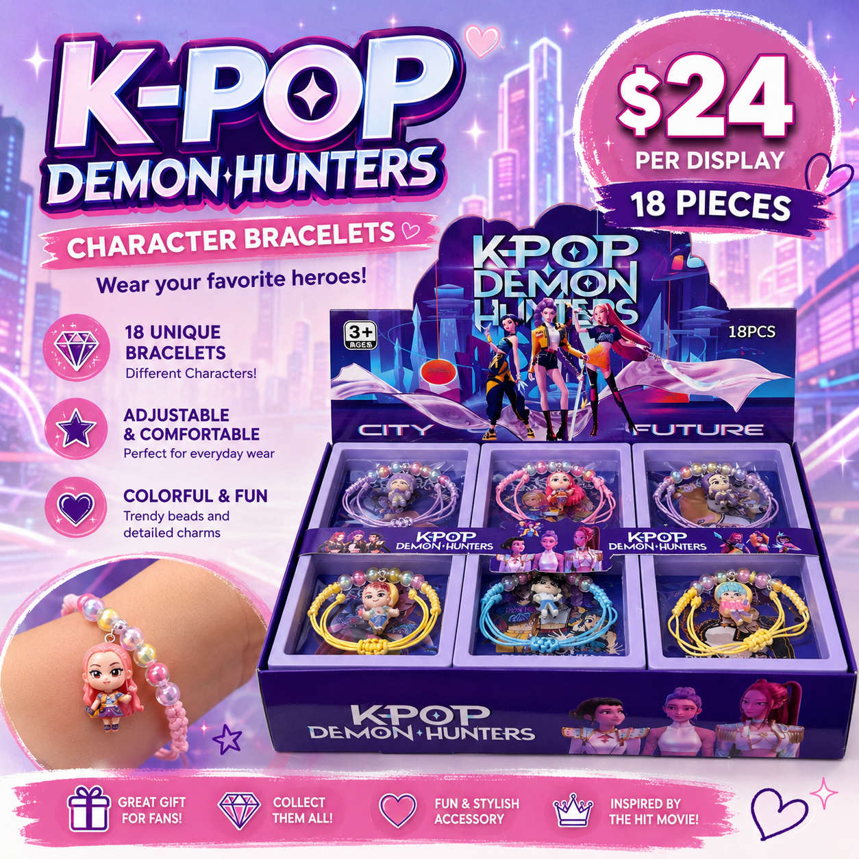 18PCS DISPLAY K POP BRACELET  WITH DANGLE CHARM
