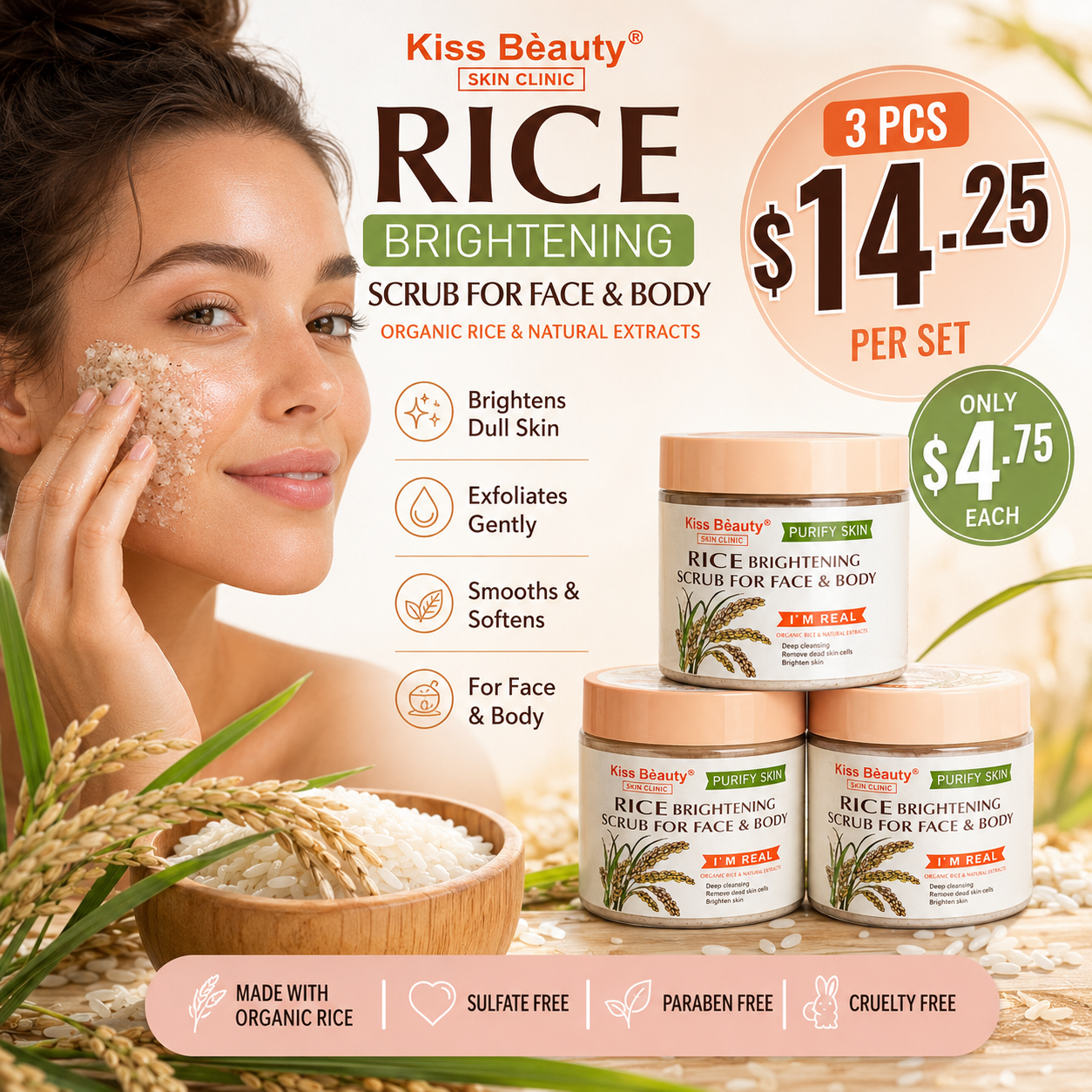 3PCS SET  KISS BEAUTY PURIFY SKIN RICE BRIGHTENING SCRUB FACE AND BODY 1847-07