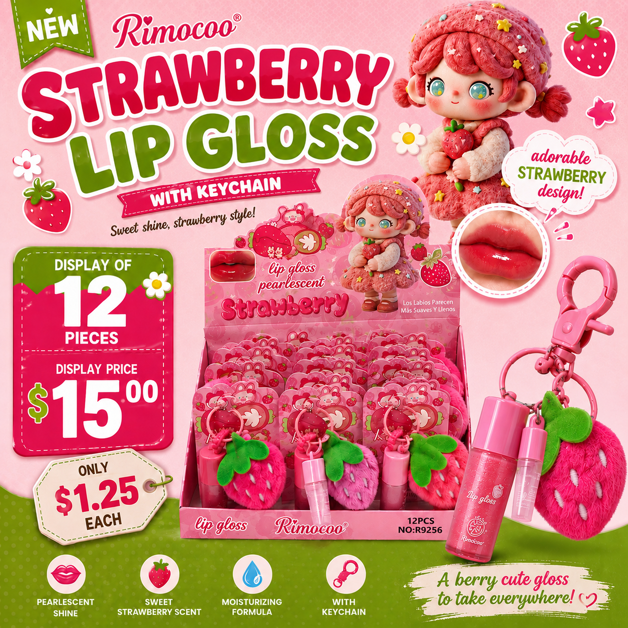 12PCS DISPLAY RIMOCCO LIP GLOSS PEARLESCENT STRAWBERRY WITH KEYCHAIN R9256