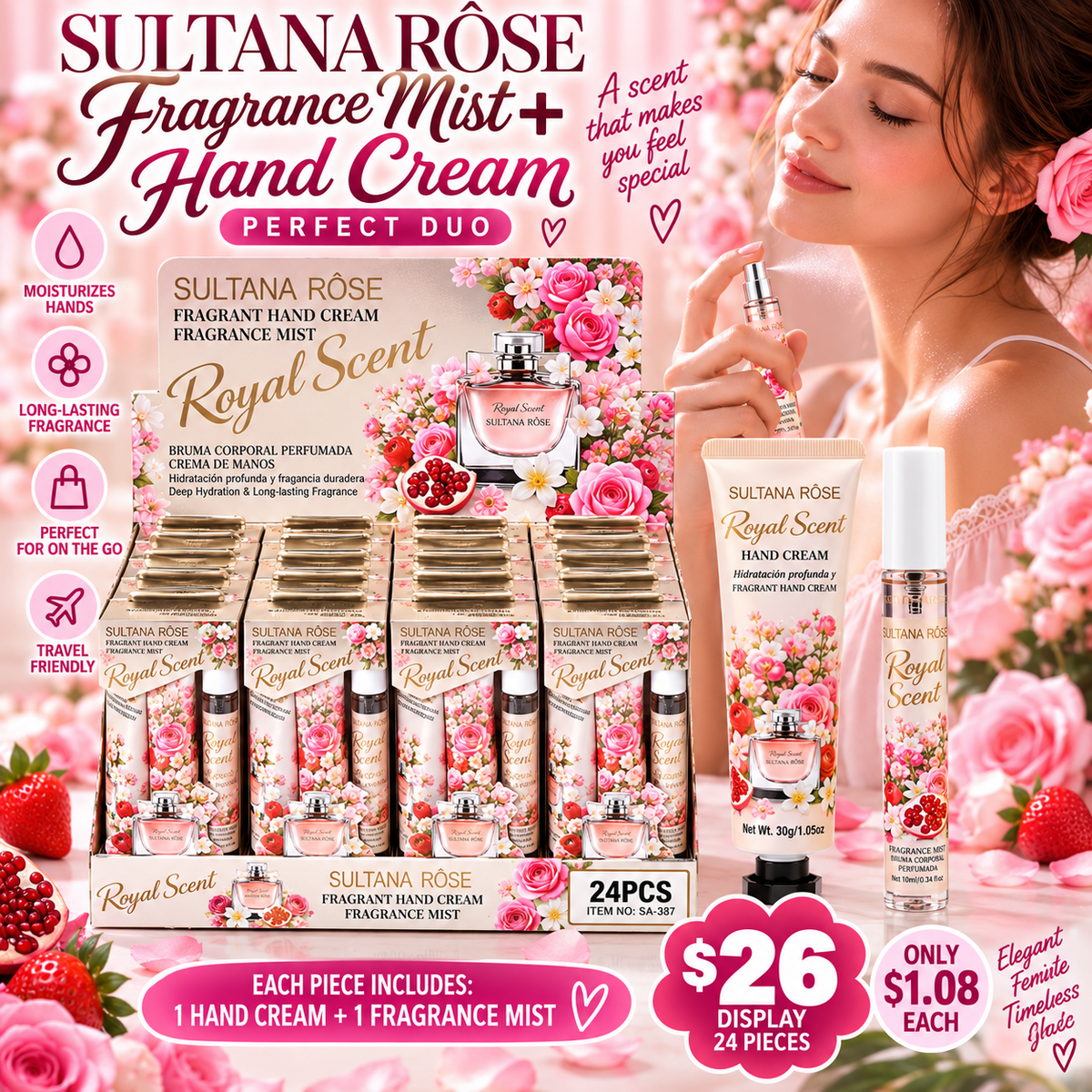 12PCS DISPLAY SULTANA ROSE PINK ROSE FRAGRANCE & HAND CREAM DUO SET SA-387