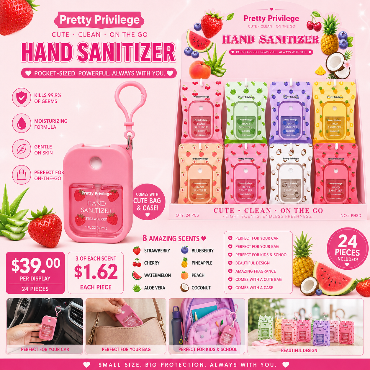 24PCS DISPLAY PRETTY PRIVILEGE HAND SANITIZER PHSD