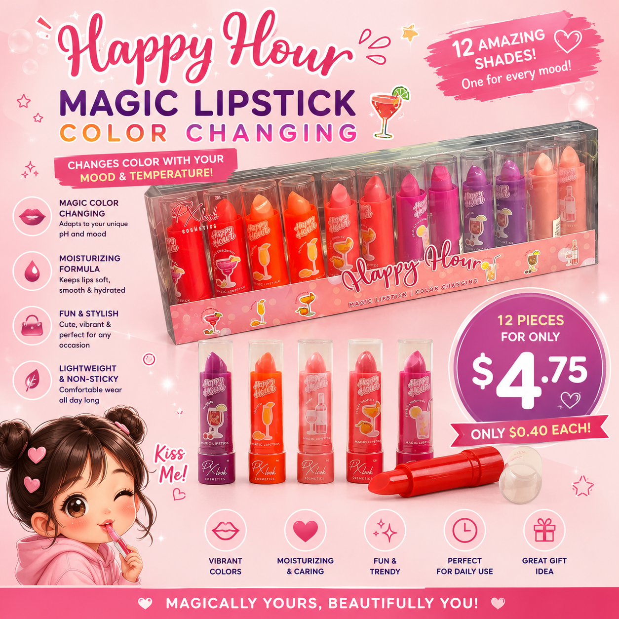 12PCS PACK PROLUX HAPPY HOUR MAGIC LIPSTICK + COLOR CHANGING L-062