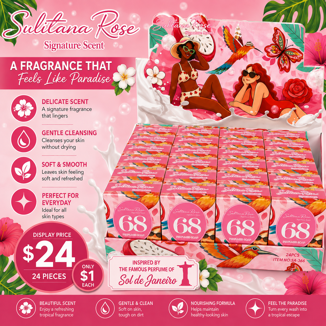 24PCS DISPLAY SULTANA RÔSE BAR SOAP FRAGRANCE SOL DE JANEIRO 68 SA-366
