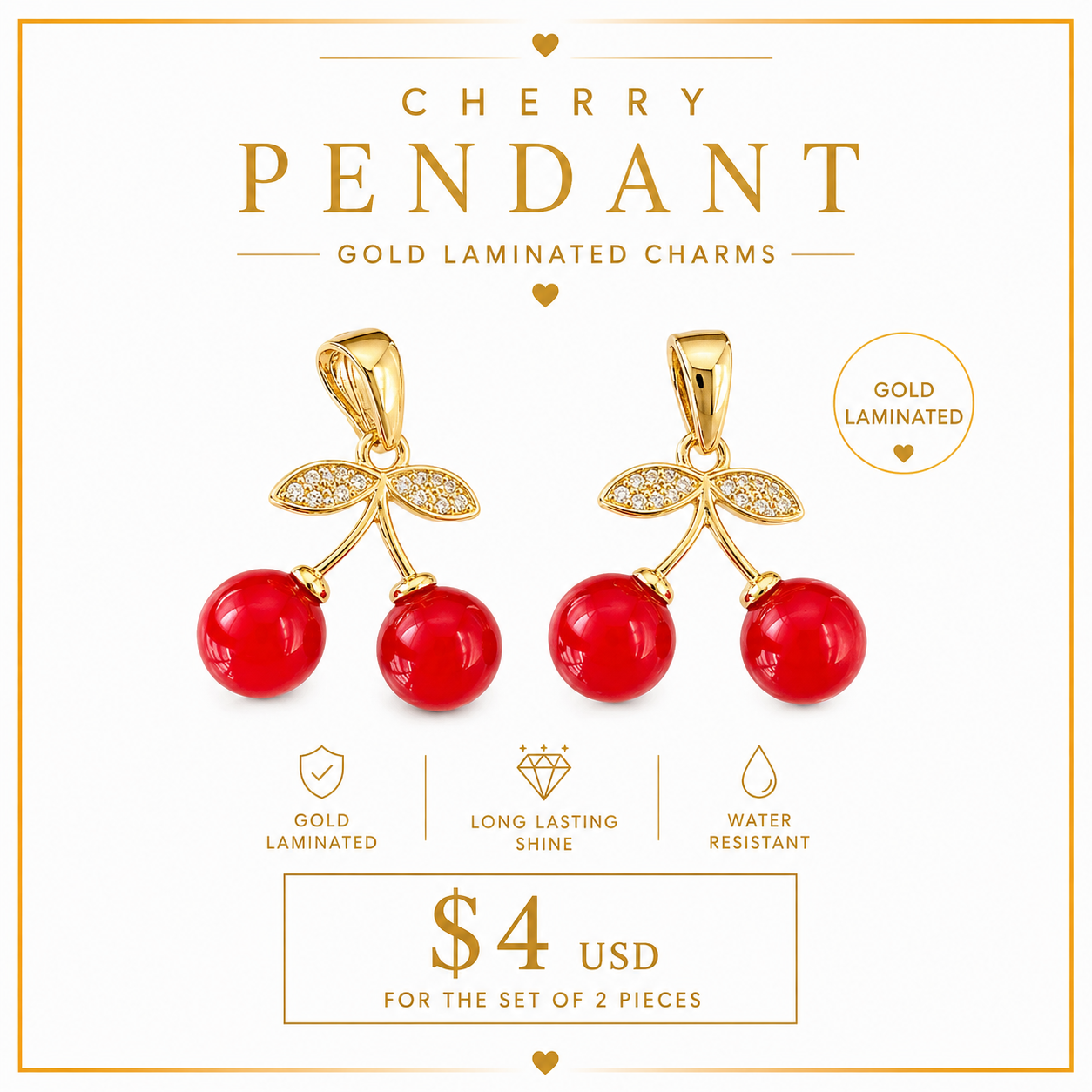 2PCS ORO LAMINADO CHERRY NECKLACE PENDANT