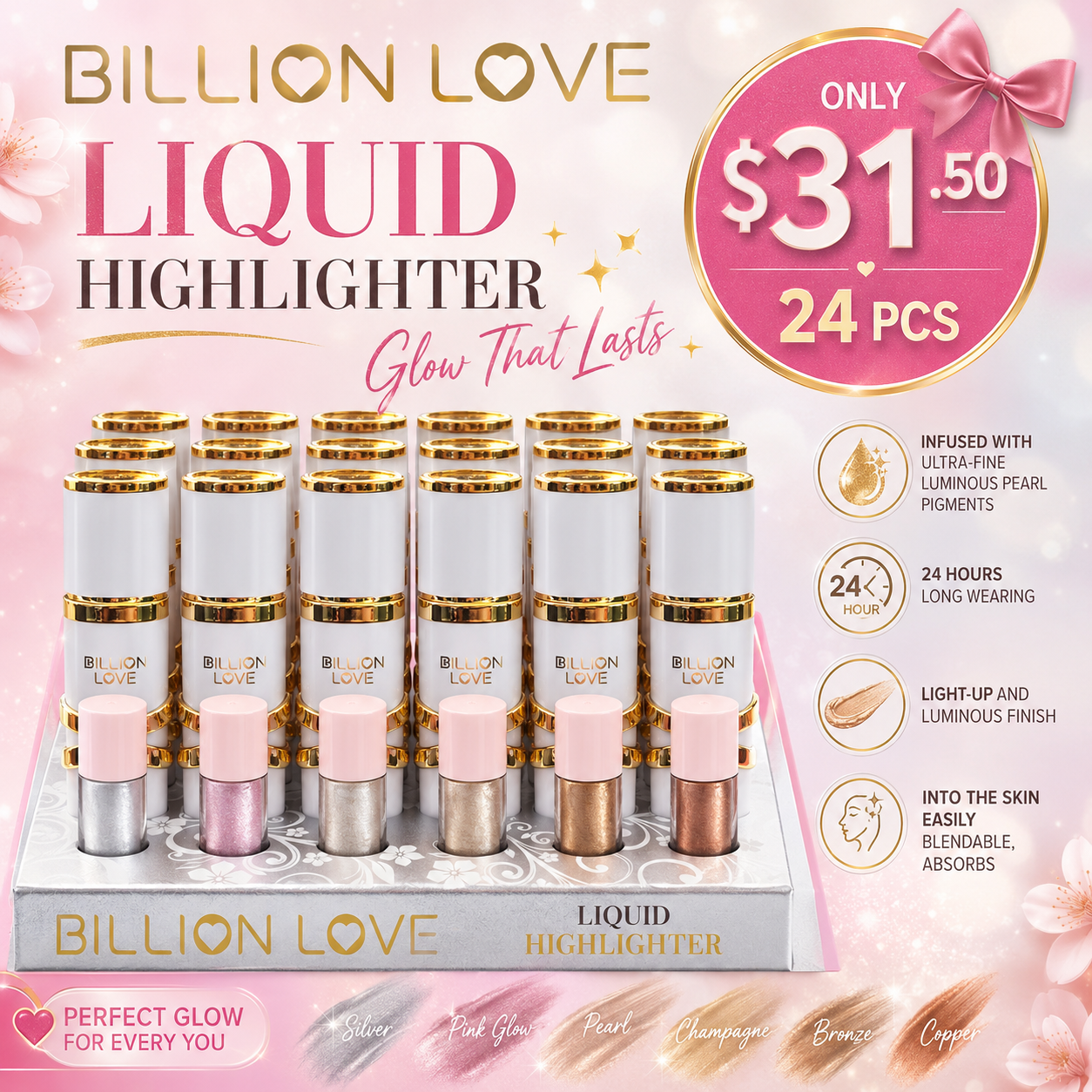 24PCS DISPLAY BILLION LOVE WHITE 6 COLOR LIQUID HIGHLIGHTER B70141