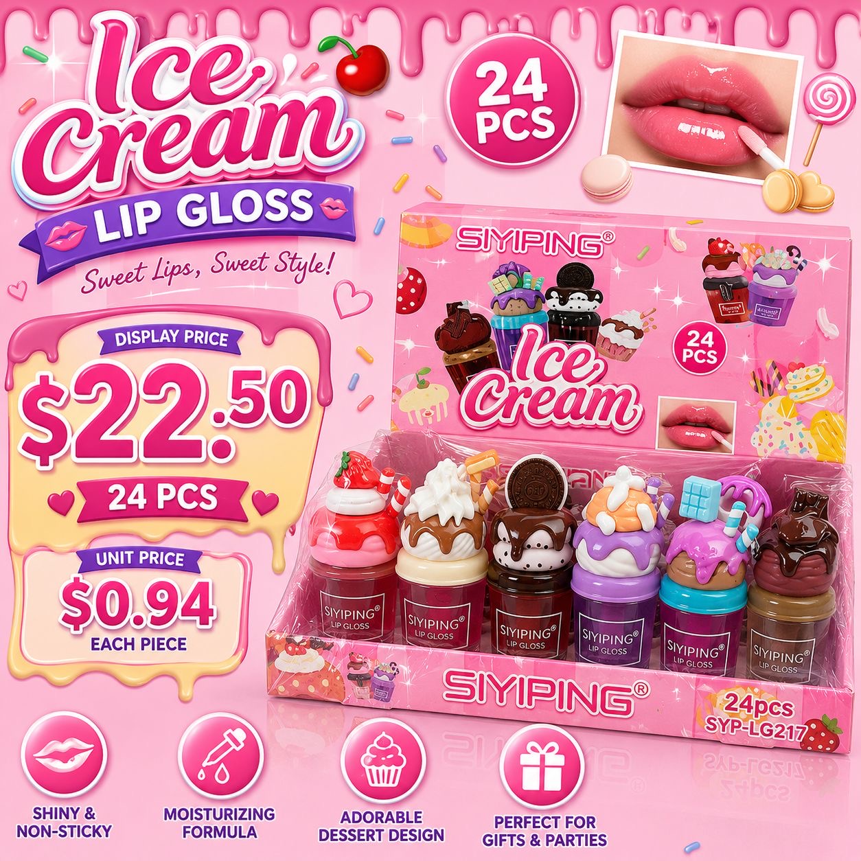 24PCS DISPLAY SIYIPING  ICE CREAM DESSERT DELIGHT LIP GLOSS SYP-LG217