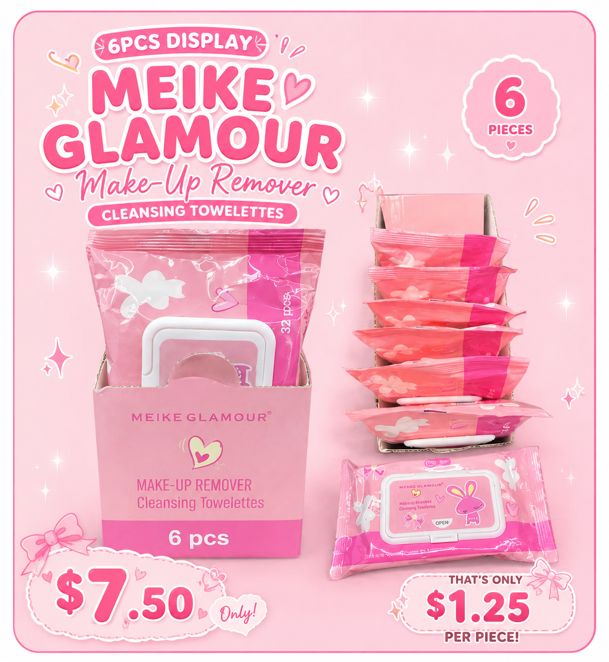 6PCS DISPLAY MEIKE GLAMOUR MAKE UP REMOVER CLEANSING TOWELETTES MK280