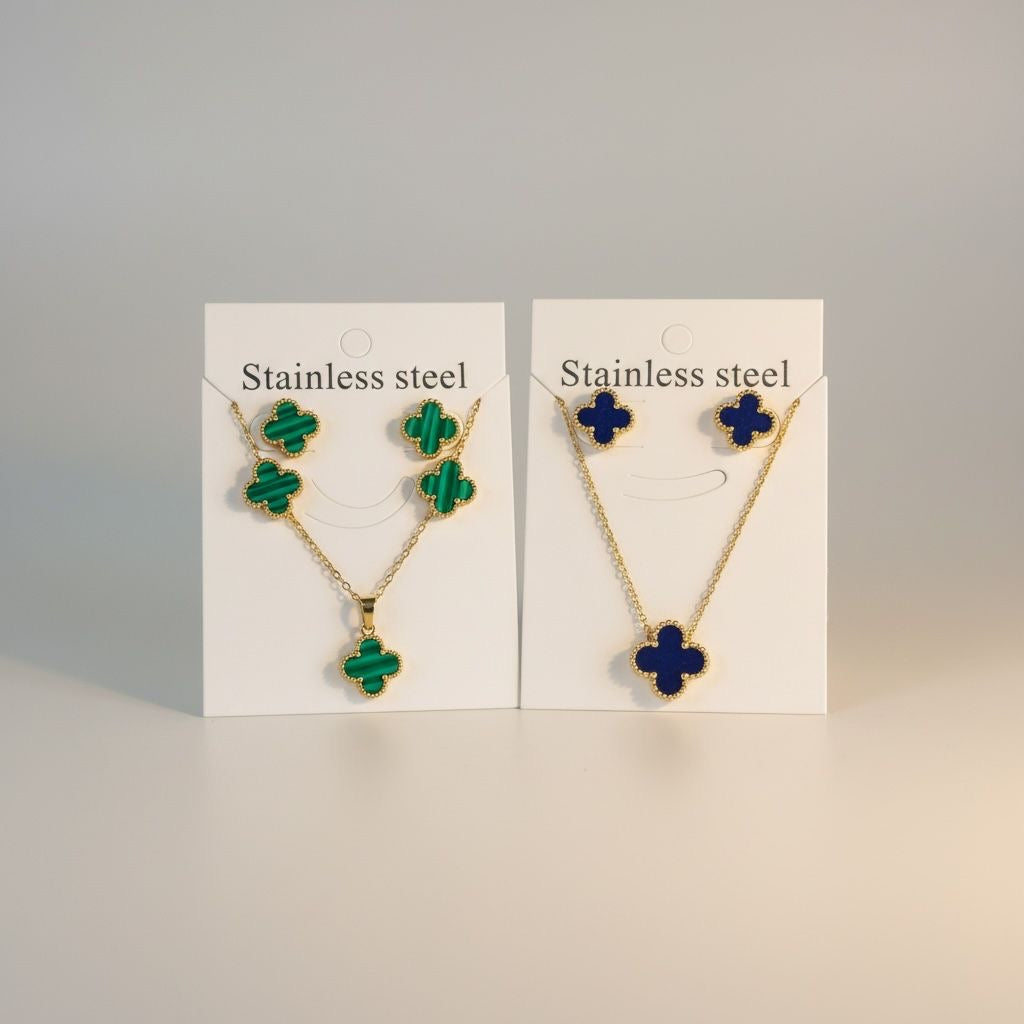 2PCS ORO LAMINADO BLUE & GREEN NECKLACE + EARRINGS SET JS1028