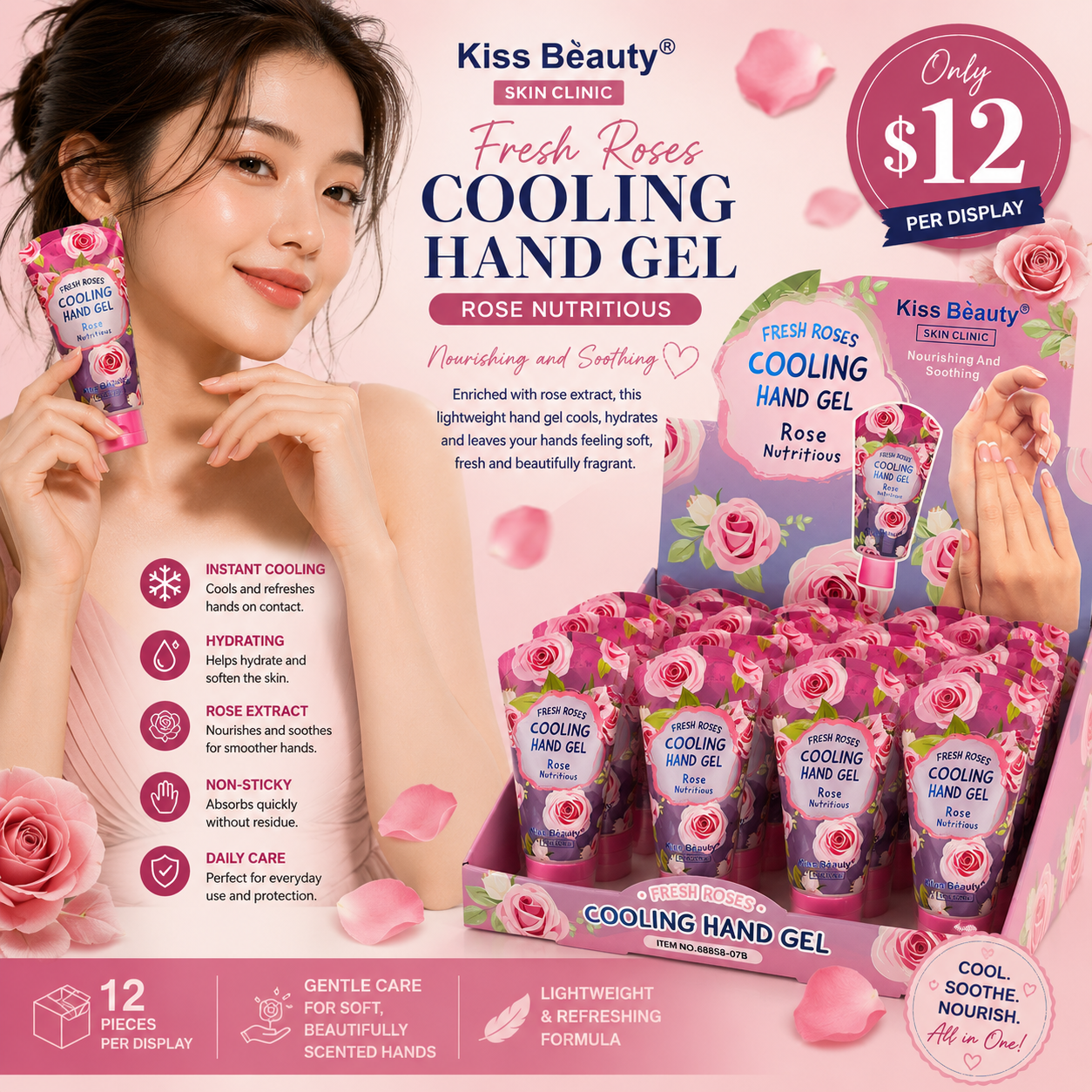 12PCS DISPLAY KISS BEAUTY COOLING HAND GEL ROSE NUTRITIOUS 68858-07B