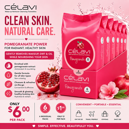 6PCS DISPLAY CELAVI POMEGRANATE MAKE-UP REMOVER CLEANSING TOWELETTES MT005