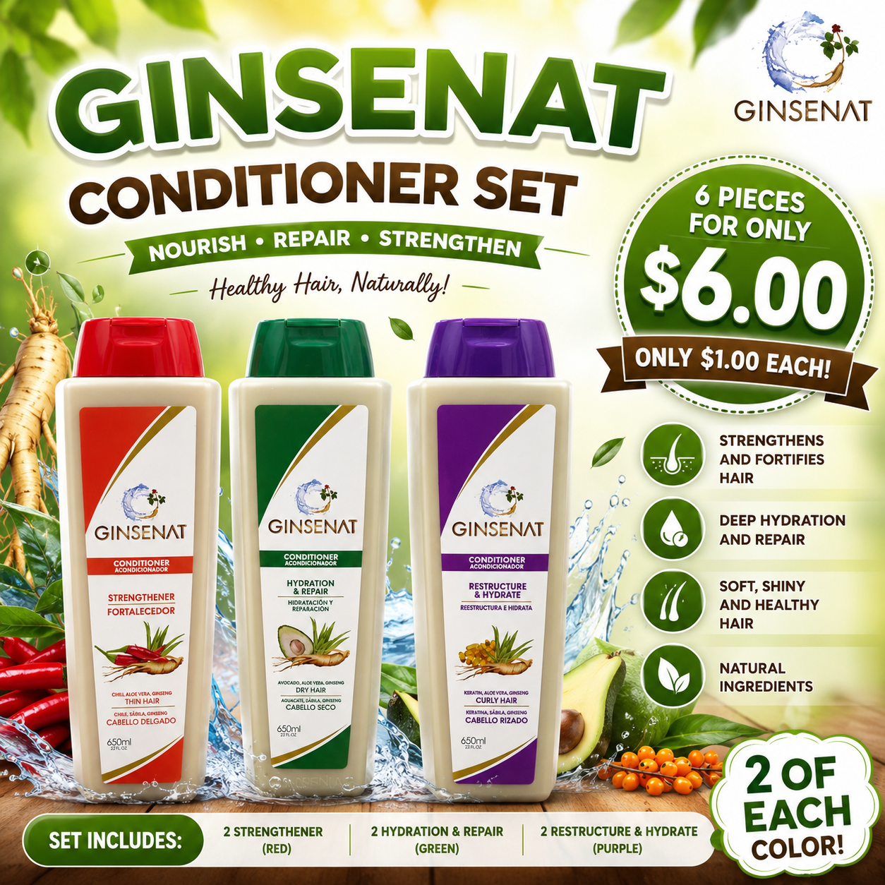 6PCS SET GINSENAT CURLY, DRY THIN HAIR CONDITIONER 3 MIX 650ML