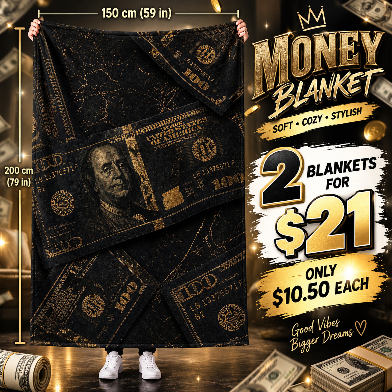 2PCS DARK RICH MONEY VIBES BLANKET D-22
