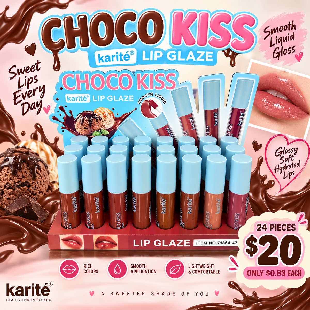 24PCS DISPLAY KARITE CHOCÓ KISS LIP GLAZE 71864-47