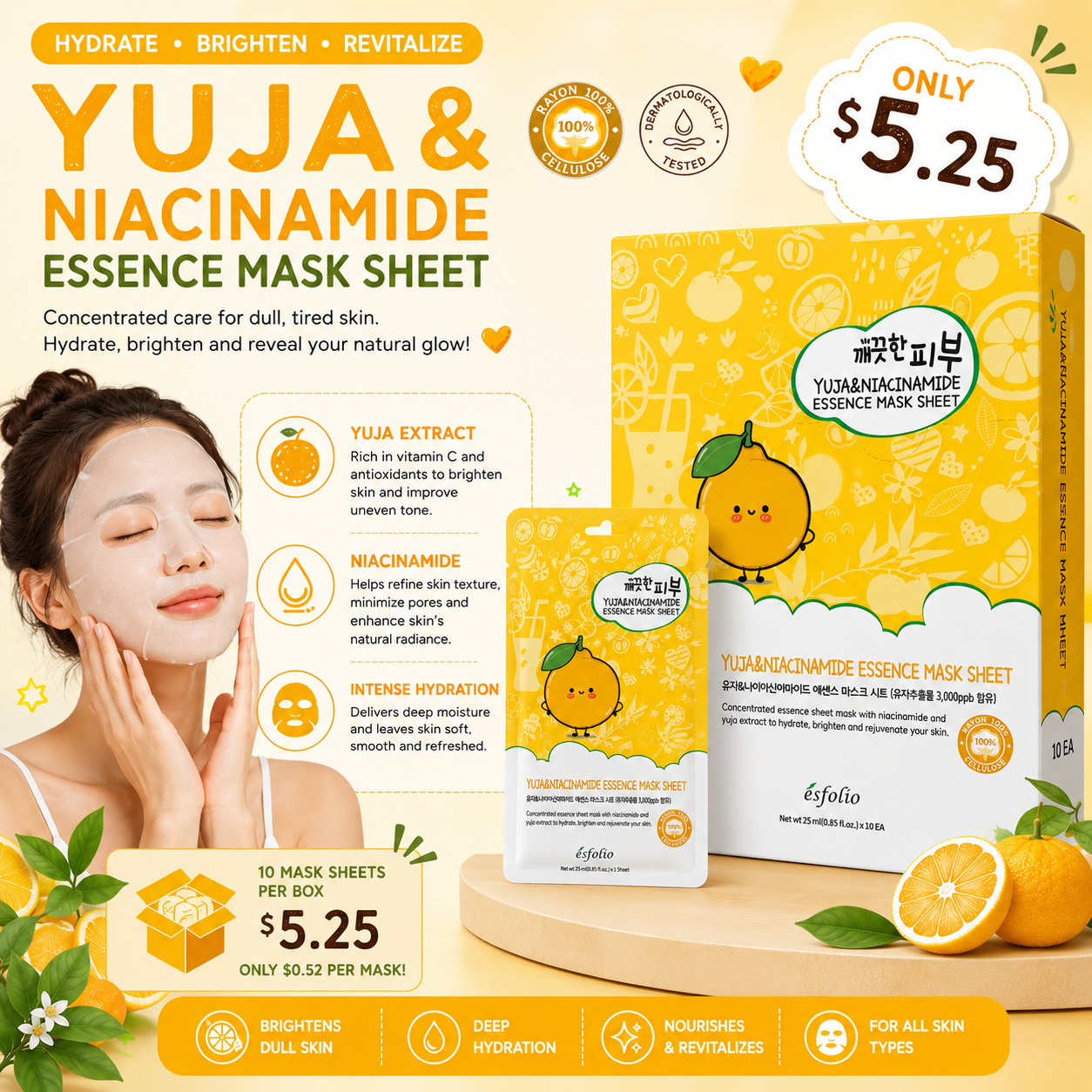 10PCS BOX ESFOLIO YUJA & NIACINAMIDE ESSENCE MASK SHEET 0134