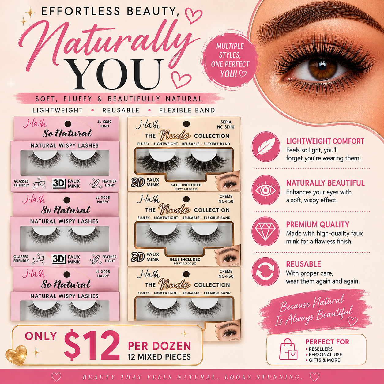 12PCS PACK PINK & BEIGE JLASH LASHES MIX STYLES