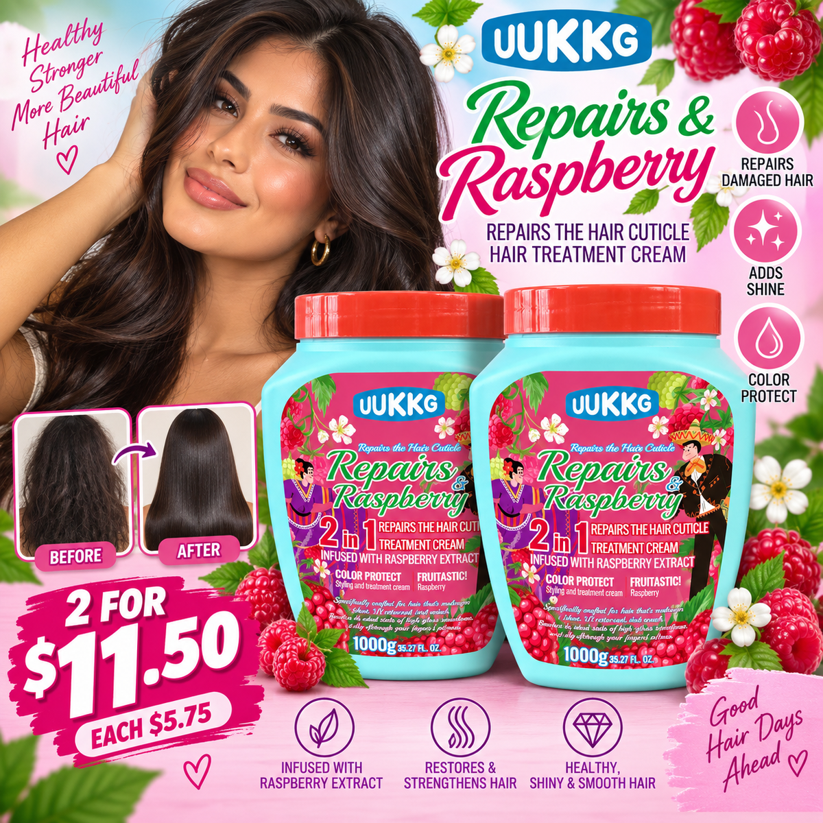 2PCS UUKKG REPAIR RASPBERRY CONTROL HAIR TREATMENT CREAM UU4091